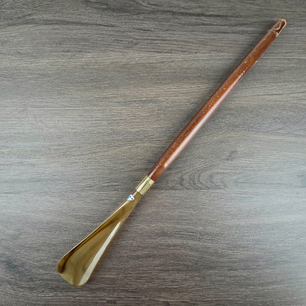 Mid-Century Modern Abbeyhorn Style Long Wood and Faux Horn Shoe Horn Brown 16.5"